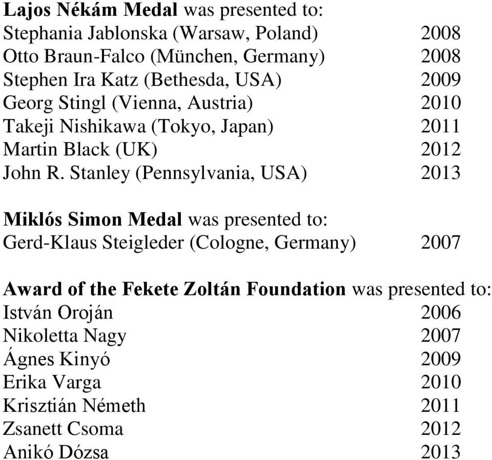 Stanley (Pennsylvania, USA) 2013 Miklós Simon Medal was presented to: Gerd-Klaus Steigleder (Cologne, Germany) 2007 Award of the Fekete