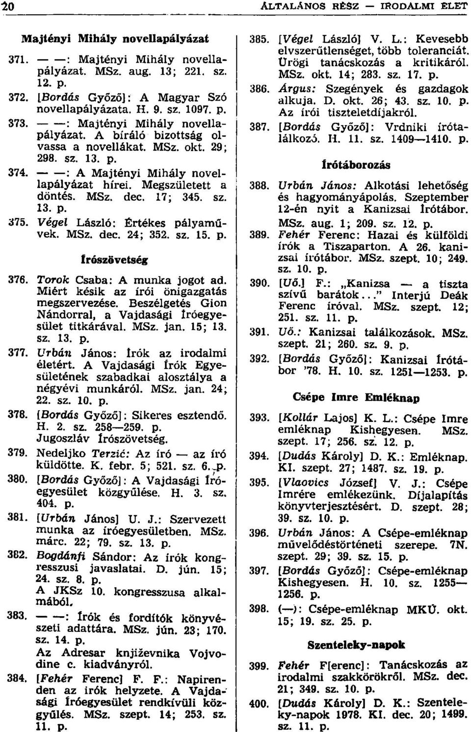 Végei László: Értékes pályaművek. MSz. dec. 24; 352. sz. 15. p. Írószövetség 376. Torok Csaba: A munka jogot ad. Miért késik az írói önigazgatás megszervezése.