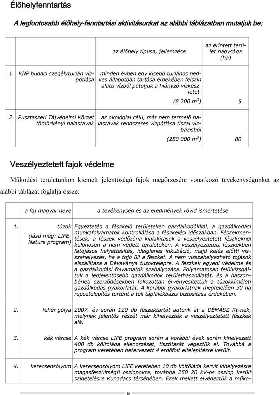 Pusztaszeri Tájvédelmi Körzet tömörkényi halastavak az ökológiai célú, már nem termelő halastavak rendszeres vízpótlása tiszai vízbázisból (250 000 m 3 ) 80 Veszélyeztetett fajok védelme Működési