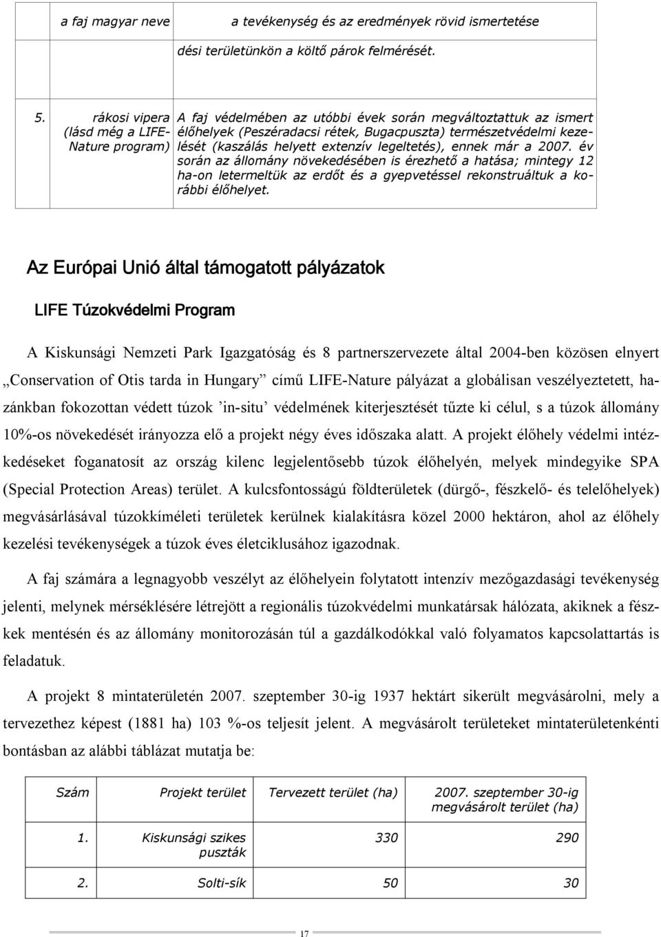 helyett extenzív legeltetés), ennek már a 2007. év során az állomány növekedésében is érezhető a hatása; mintegy 12 ha-on letermeltük az erdőt és a gyepvetéssel rekonstruáltuk a korábbi élőhelyet.