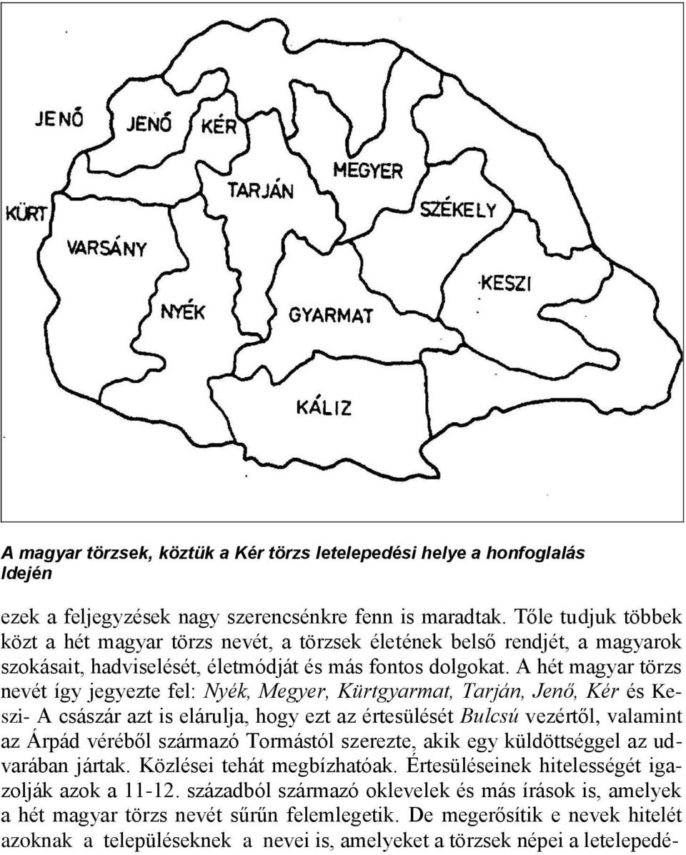 A hét magyar törzs nevét így jegyezte fel: Nyék, Megyer, Kürtgyarmat, Tarján, Jenő, Kér és Keszi- A császár azt is elárulja, hogy ezt az értesülését Bulcsú vezértől, valamint az Árpád véréből