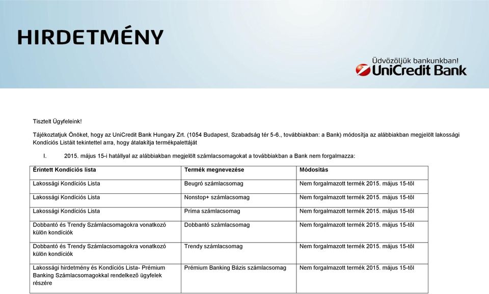 május 15-i hatállyal az alábbiakban megjelölt okat a továbbiakban a Bank nem forgalmazza: Érintett Kondíciós lista Termék megnevezése Módosítás Lakossági Kondíciós Lista Beugró Lakossági