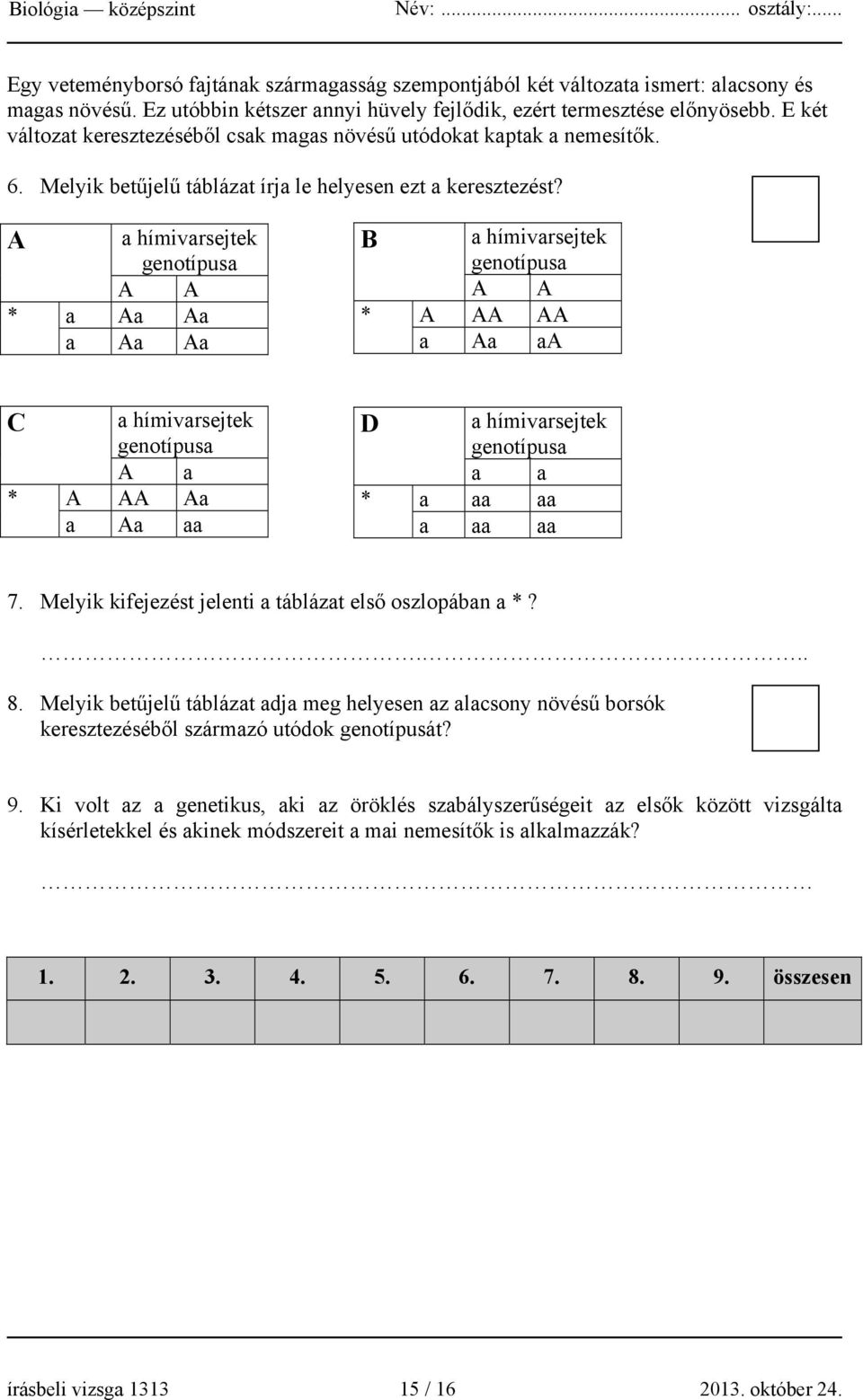 A a hímivarsejtek genotípusa A A * a Aa Aa a Aa Aa B a hímivarsejtek genotípusa A A * A AA AA a Aa aa C a hímivarsejtek genotípusa A a * A AA Aa a Aa aa D a hímivarsejtek genotípusa a a * a aa aa a