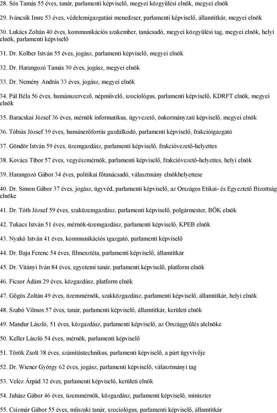 Kolber István 55 éves, jogász, parlamenti képviselő, megyei elnök 32. Dr. Harangozó Tamás 30 éves, jogász, megyei elnök 33. Dr. Nemény András 33 éves, jogász, megyei elnök 34.