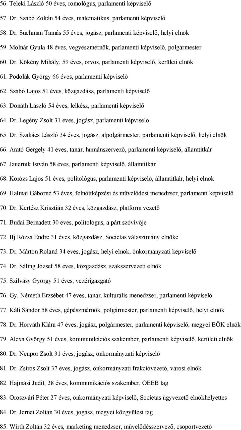 Szabó Lajos 51 éves, közgazdász, parlamenti képviselő 63. Donáth László 54 éves, lelkész, parlamenti képviselő 64. Dr.