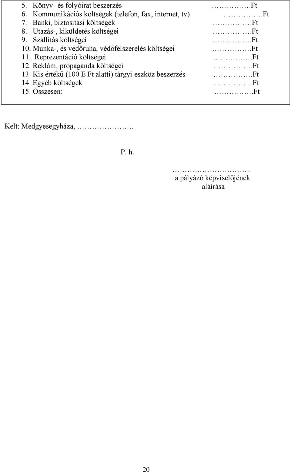 Munka-, és védőruha, védőfelszerelés költségei.ft 11. Reprezentáció költségei.ft 12. Reklám, propaganda költségei.ft 13.