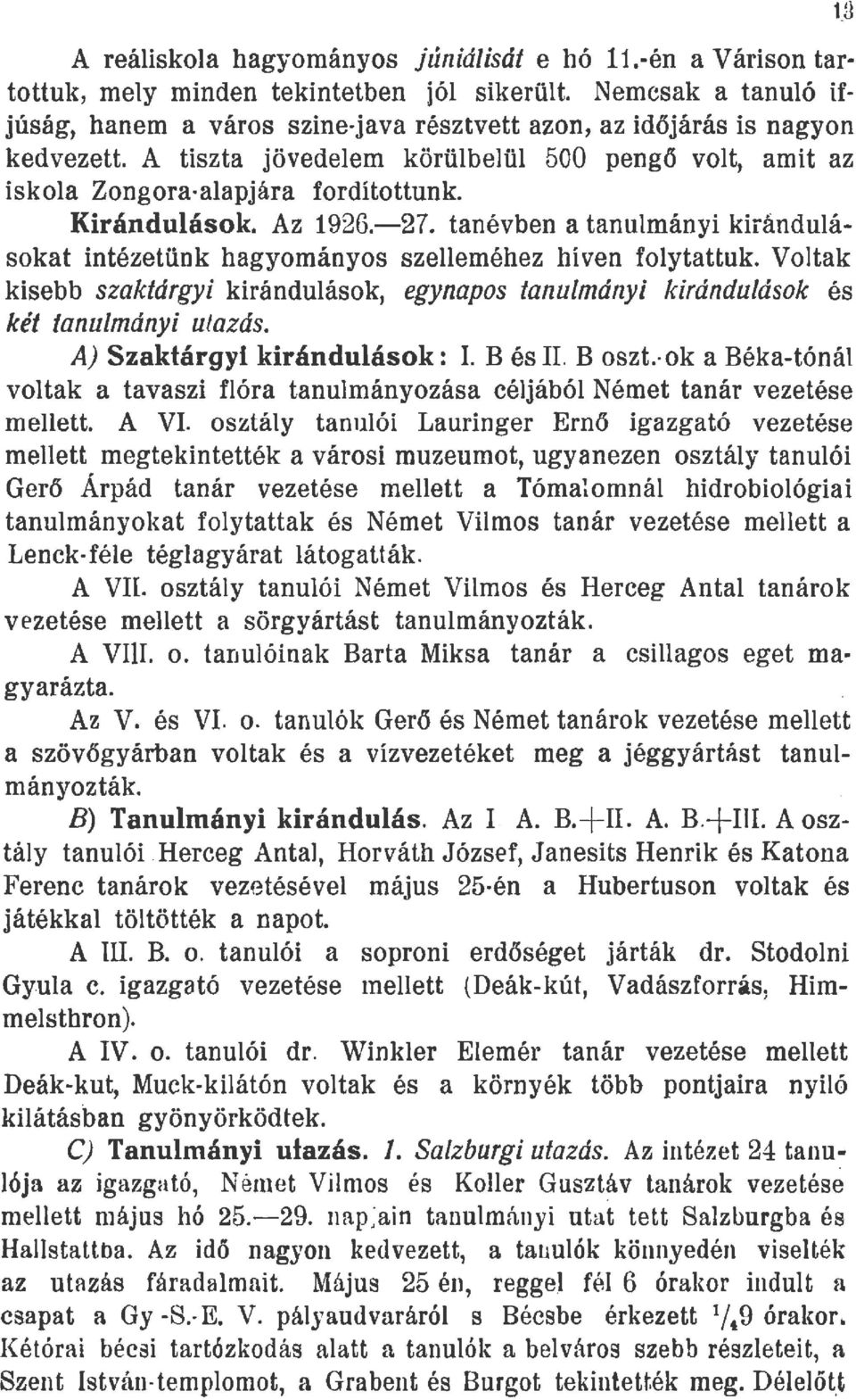 Kirándulások. Az 1926.-27.