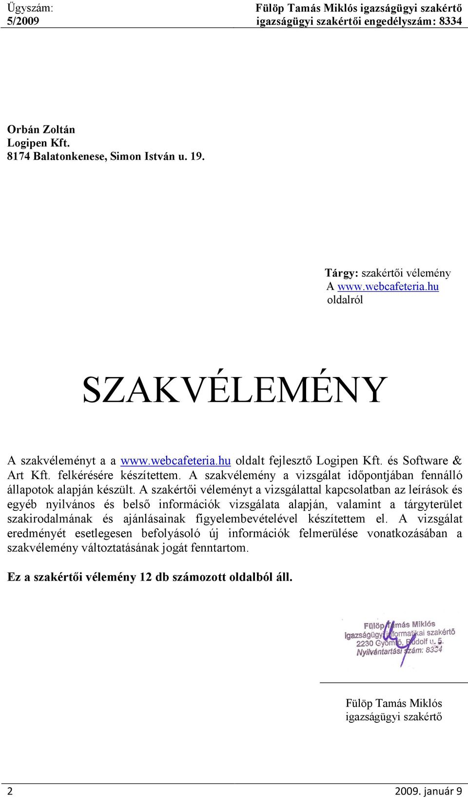 A szakvélemény a vizsgálat idıpontjában fennálló állapotok alapján készült.