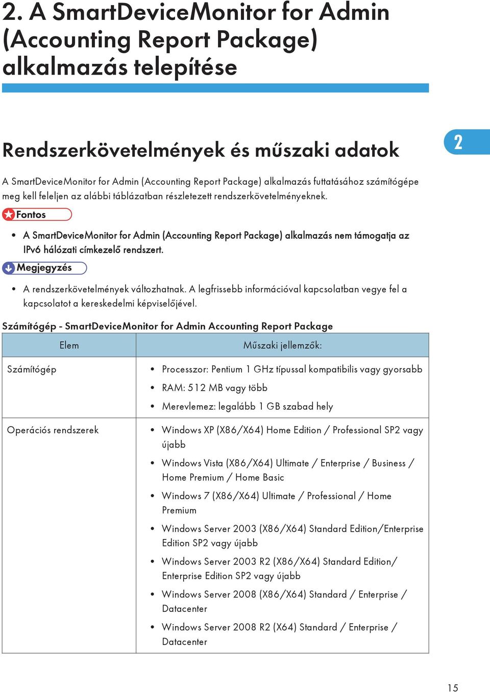 A SmartDeviceMonitor for Admin (Accounting Report Package) alkalmazás nem támogatja az IPv6 hálózati címkezelő rendszert. A rendszerkövetelmények változhatnak.