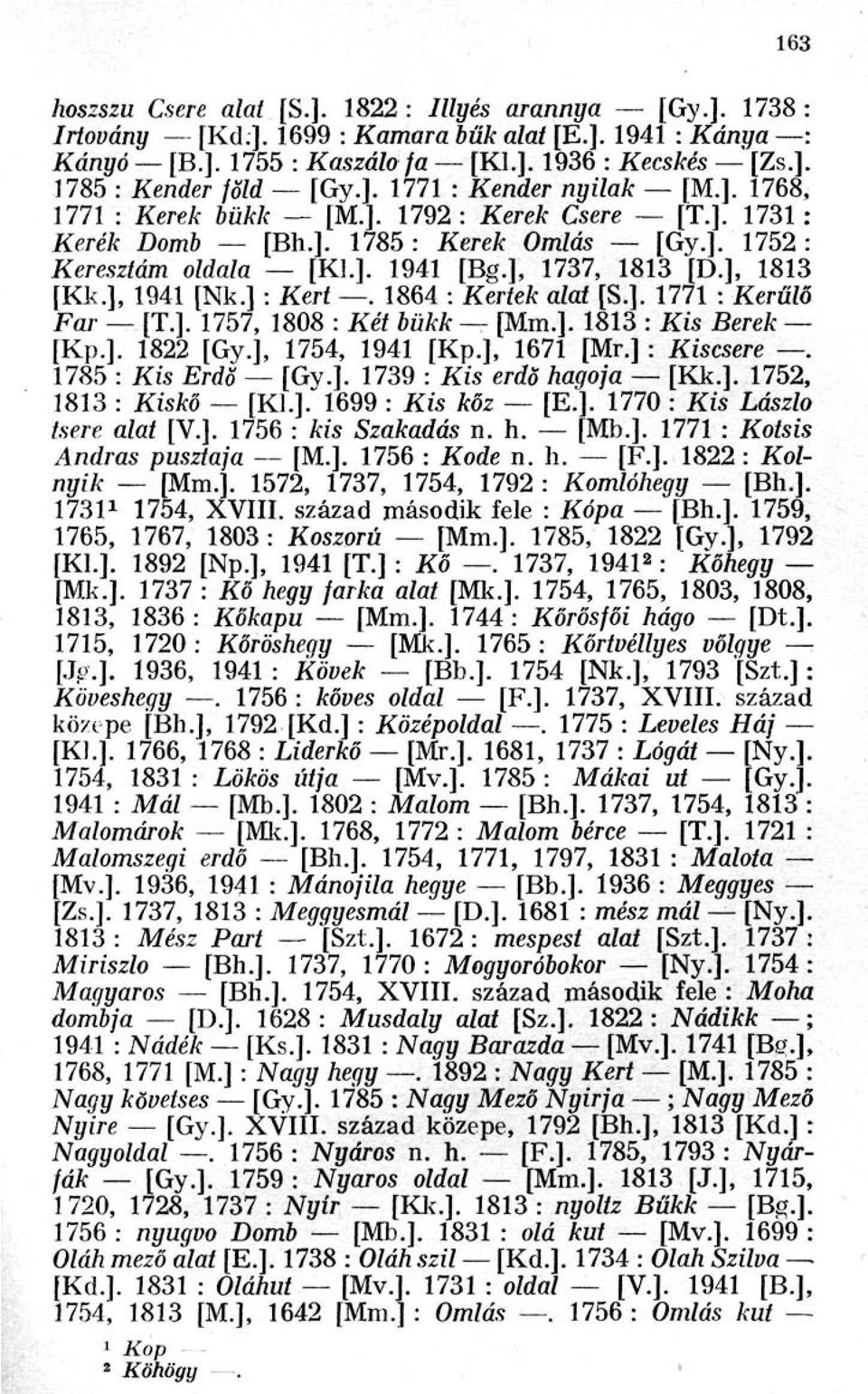 ], 1813 [Kk.], 1941 [Nk.] : Kert. 1864 : Kertek alat [S.]. 1771 : Kerűlő Far [T.]. 1757, 1808 : Két bükk [Mm.]. 1813 : Kis Berek [Kp.]. 1822 [Gy.], 1754, 1941 [Kp.], 1671 [Mr.] : Kiscsere.