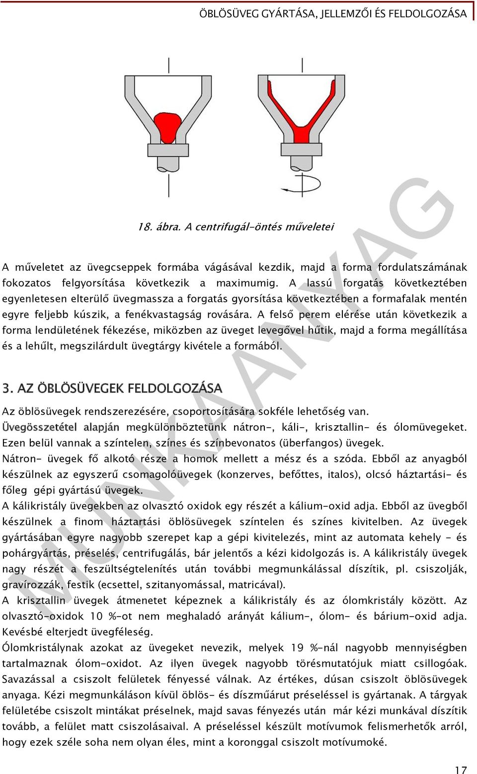 A felső perem elérése után következik a forma lendületének fékezése, miközben az üveget levegővel hűtik, majd a forma megállítása és a lehűlt, megszilárdult üvegtárgy kivétele a formából. 3.