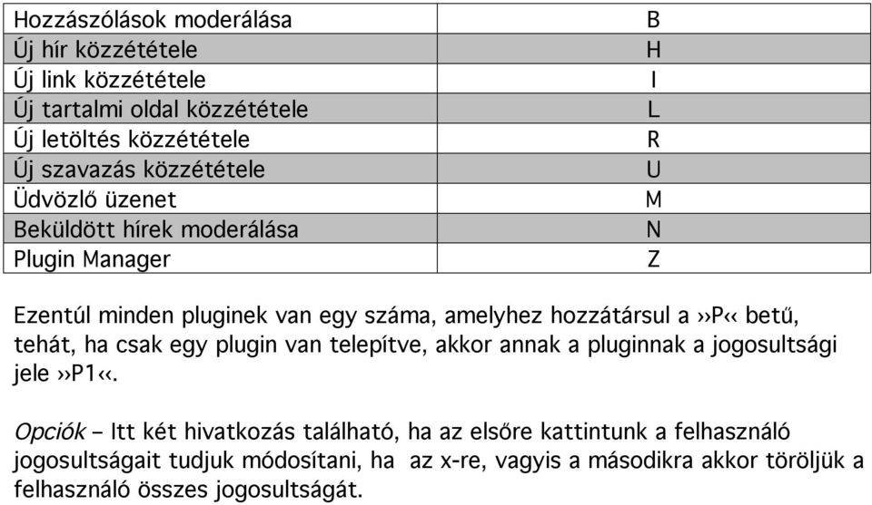 betű, tehát, ha csak egy plugin van telepítve, akkor annak a pluginnak a jogosultsági jele P1.