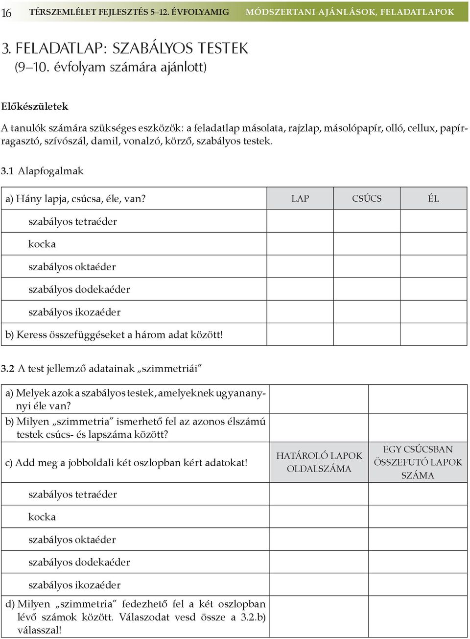 testek. 3.1 Alapfogalmak a) Hány lapja, csúcsa, éle, van?