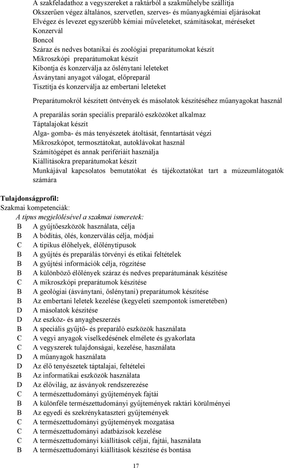 anyagot válogat, előpreparál Tisztítja és konzerválja az embertani leleteket Preparátumokról készített öntvények és másolatok készítéséhez műanyagokat használ A preparálás során speciális preparáló