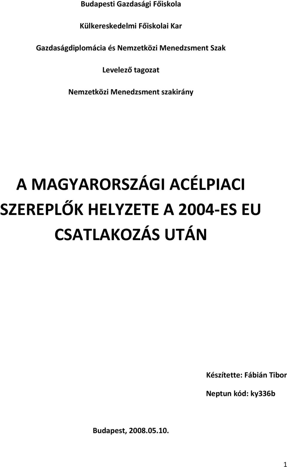 Nemzetközi Menedzsment szakirány A MAGYARORSZÁGI ACÉLPIACI SZEREPLŐK