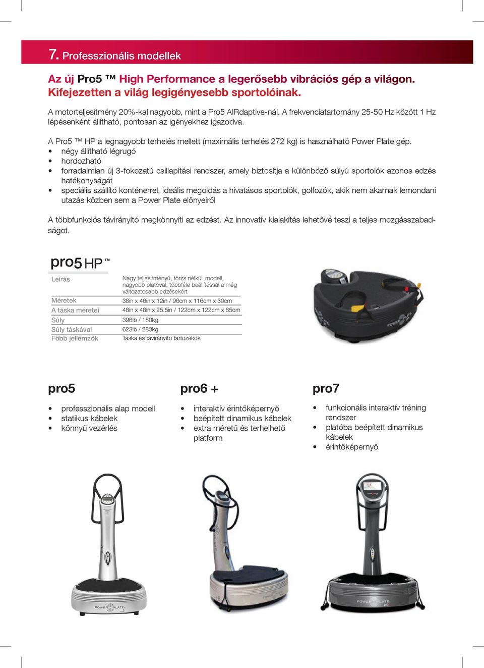 A Pro5 HP a legnagyobb terhelés mellett (maximális terhelés 272 kg) is használható Power Plate gép.