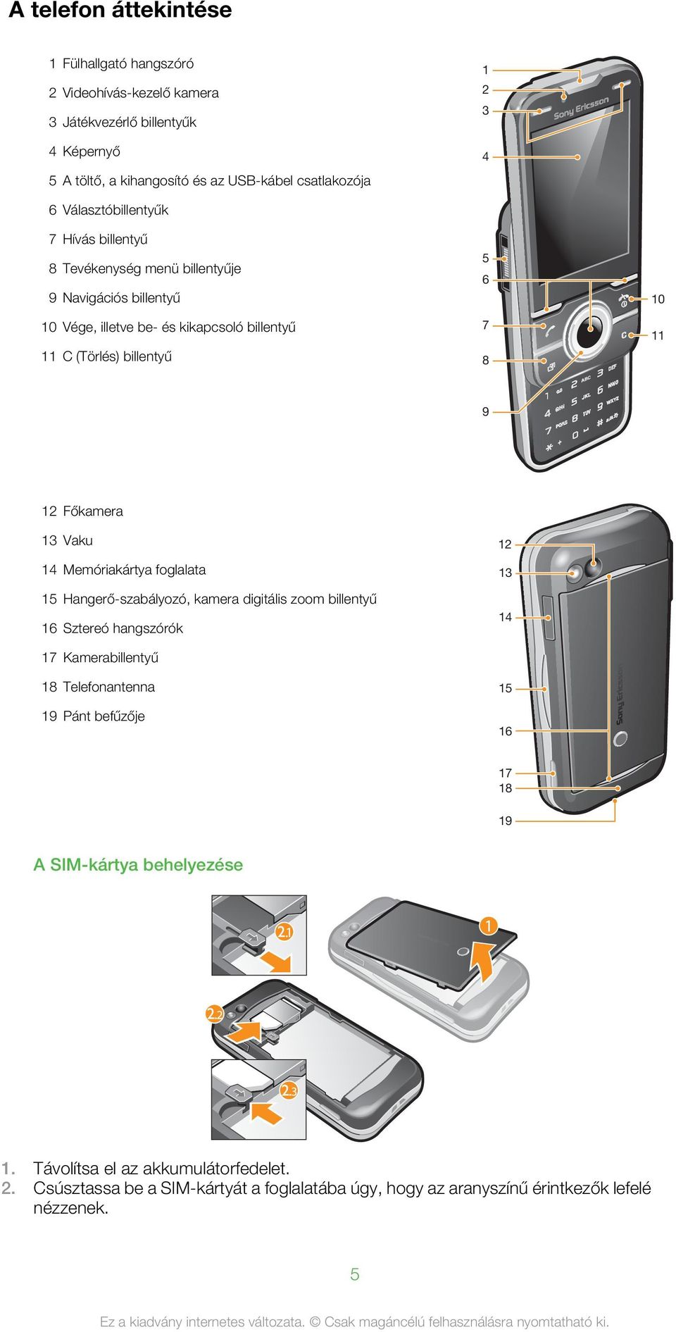 Főkamera 13 Vaku 14 Memóriakártya foglalata 15 Hangerő-szabályozó, kamera digitális zoom billentyű 16 Sztereó hangszórók 12 13 14 17 Kamerabillentyű 18 Telefonantenna 19 Pánt