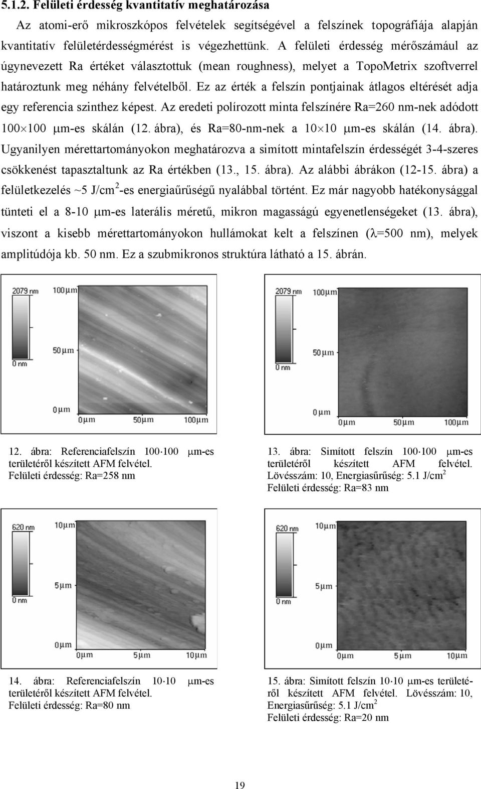 Ez az érték a felszín pontjanak átlagos eltérését adja egy referenca sznthez képest. Az eredet polírozott mnta felszínére Ra=260 nm-nek adódott 100 100 µm-es skálán (12.