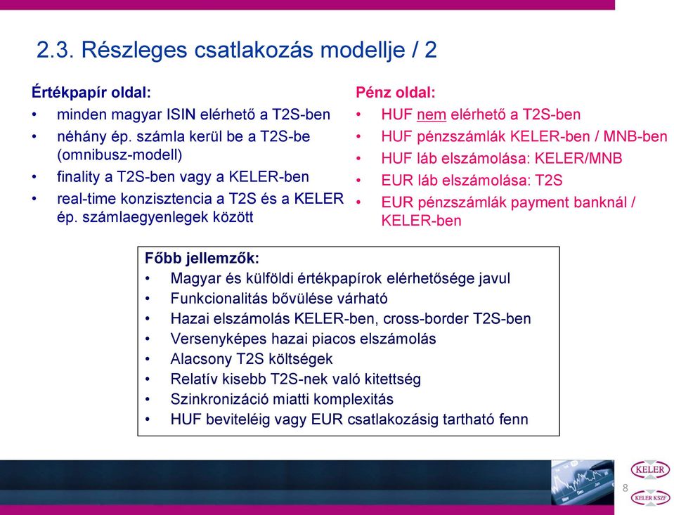 számlaegyenlegek között Pénz oldal: HUF nem elérhető a T2S-ben HUF pénzszámlák KELER-ben / MNB-ben HUF láb elszámolása: KELER/MNB EUR láb elszámolása: T2S EUR pénzszámlák payment banknál /