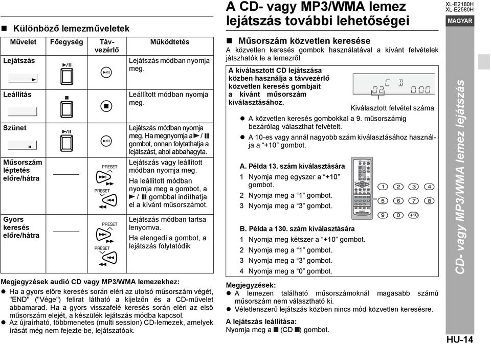 Ha leállított módban nyomja meg a gombot, a / gombbal indíthatja el a kívánt műsorszámot. Lejátszás módban tartsa lenyomva.