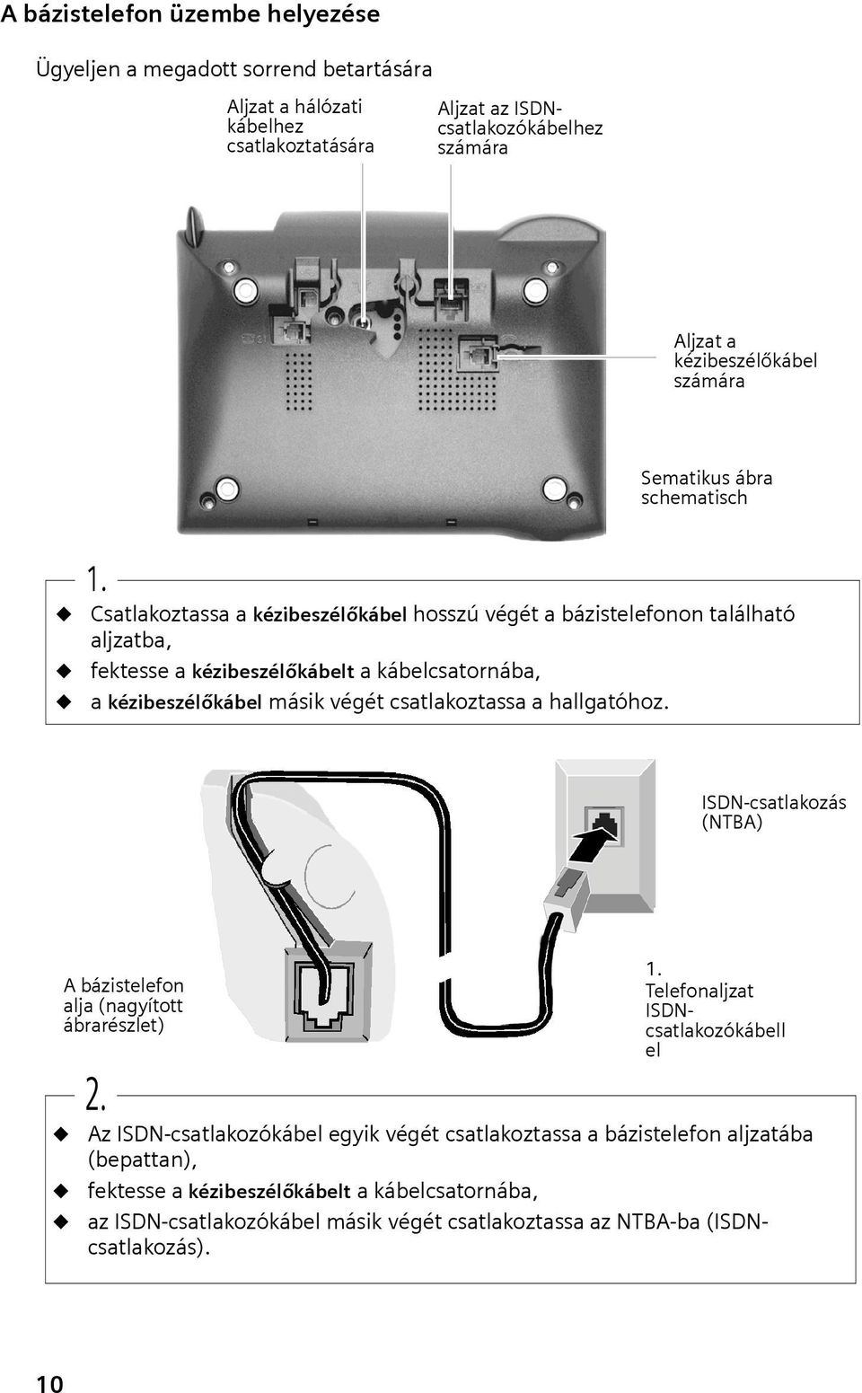 Csatlakoztassa a kézbeszélőkábel hosszú végét a bázstelefonon található aljzatba, fektesse a kézbeszélőkábelt a kábelcsatornába, a kézbeszélőkábel másk végét csatlakoztassa a