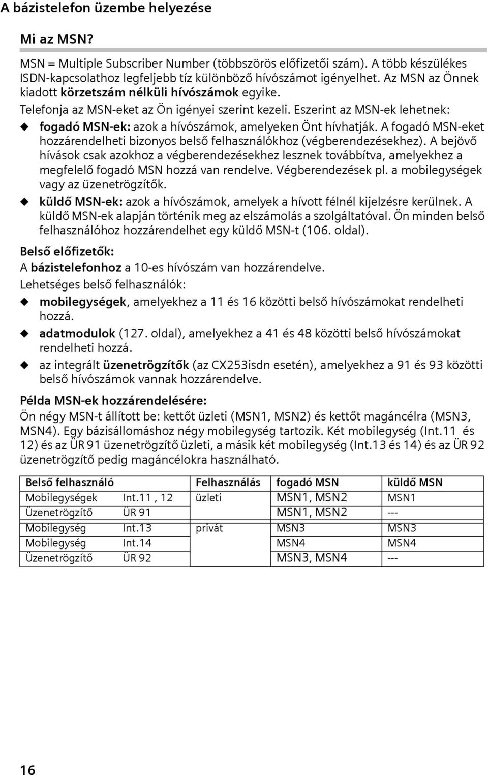 A fogadó MSN-eket hozzárendelhet bzonyos belső felhasználókhoz (végberendezésekhez).