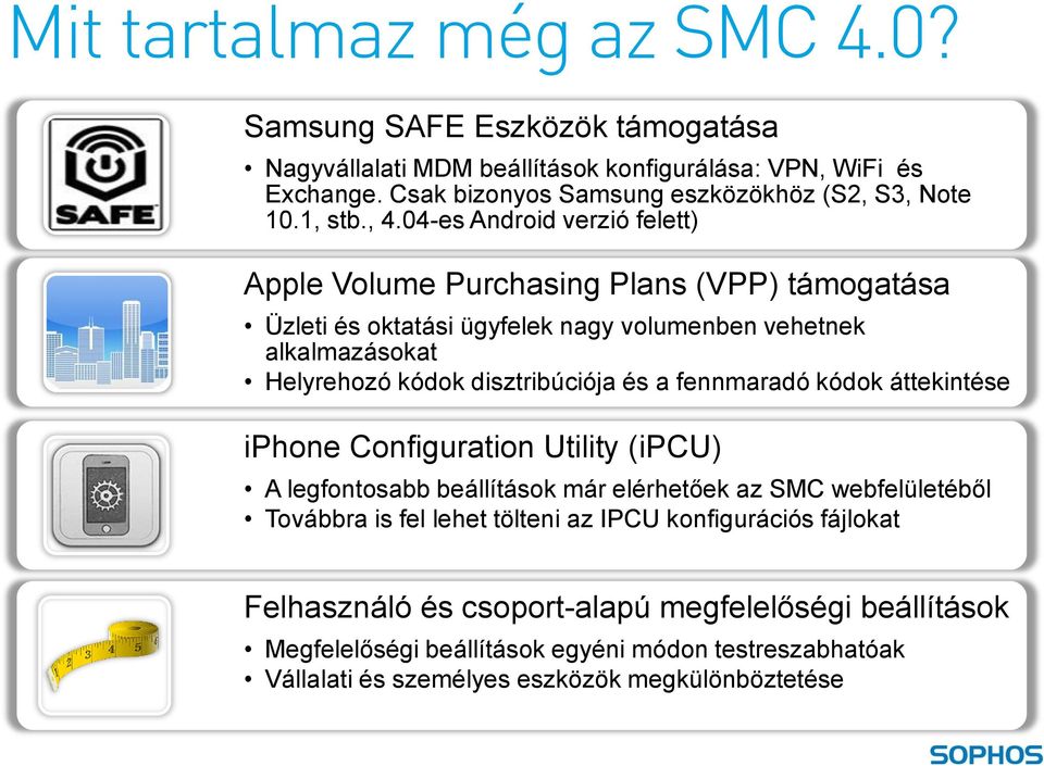 04-es Android verzió felett) Apple Volume Purchasing Plans (VPP) támogatása Üzleti és oktatási ügyfelek nagy volumenben vehetnek alkalmazásokat Helyrehozó kódok disztribúciója és a