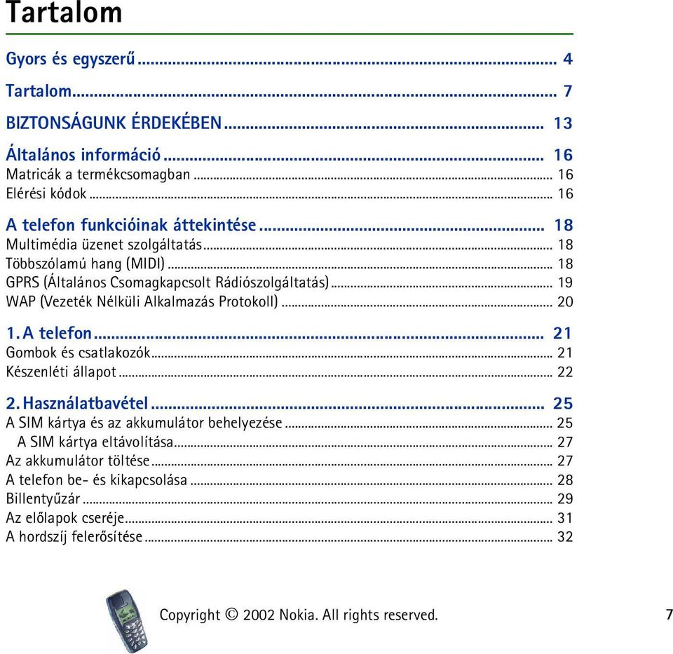 .. 19 WAP (Vezeték Nélküli Alkalmazás Protokoll)... 20 1. A telefon... 21 Gombok és csatlakozók... 21 Készenléti állapot... 22 2. Használatbavétel.