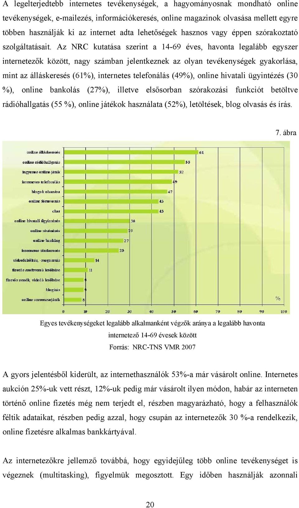 Az NRC kutatása szerint a 14-69 éves, havonta legalább egyszer internetezők között, nagy számban jelentkeznek az olyan tevékenységek gyakorlása, mint az álláskeresés (61%), internetes telefonálás