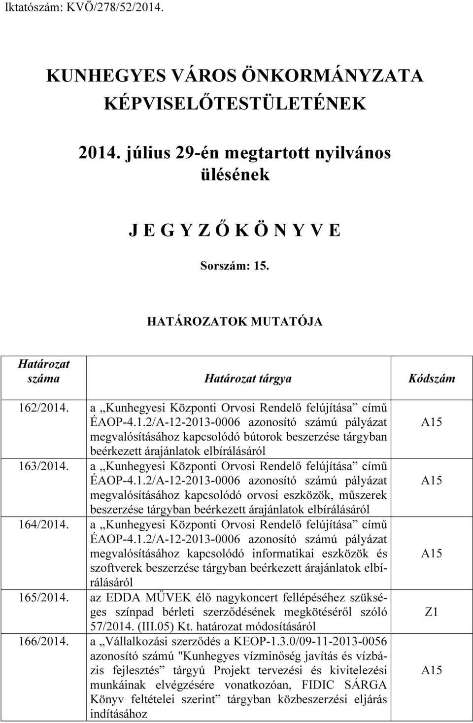 2/2014. a Kunhegyesi Központi Orvosi Rendelő felújítása című ÉAOP-4.1.2/A-12-2013-0006 azonosító számú pályázat megvalósításához kapcsolódó bútorok beszerzése tárgyban beérkezett árajánlatok elbírálásáról 163/2014.