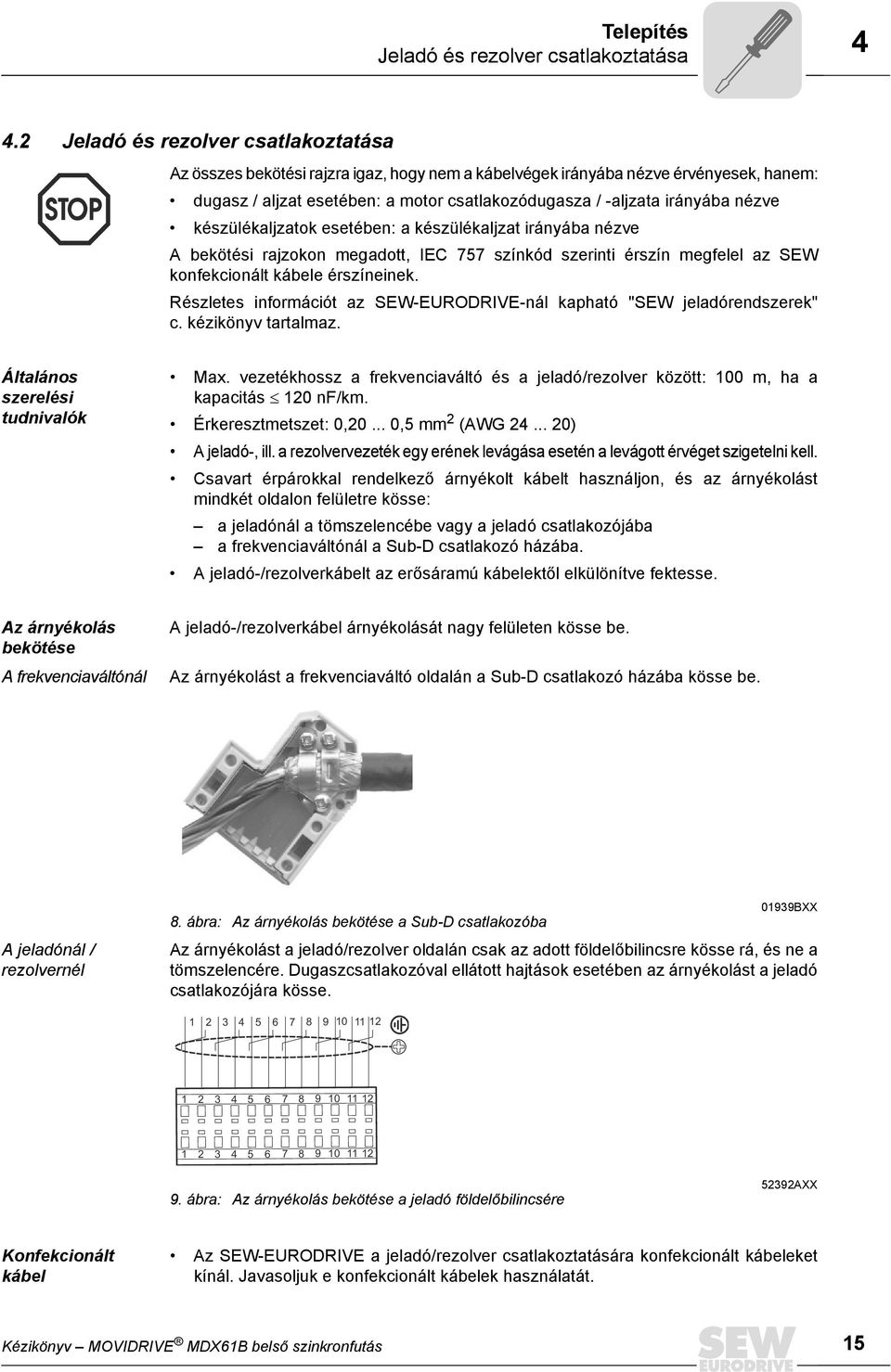 nézve készülékaljzatok esetében: a készülékaljzat irányába nézve A bekötési rajzokon megadott, IEC 757 színkód szerinti érszín megfelel az SEW konfekcionált kábele érszíneinek.