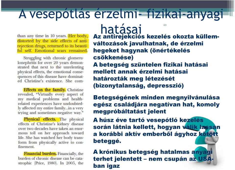 Betegségének minden megnyilvánulása egész családjára negatívan hat, komoly megpróbáltatást jelent Ahúsz éve tartó vesepótló kezelés során látnia