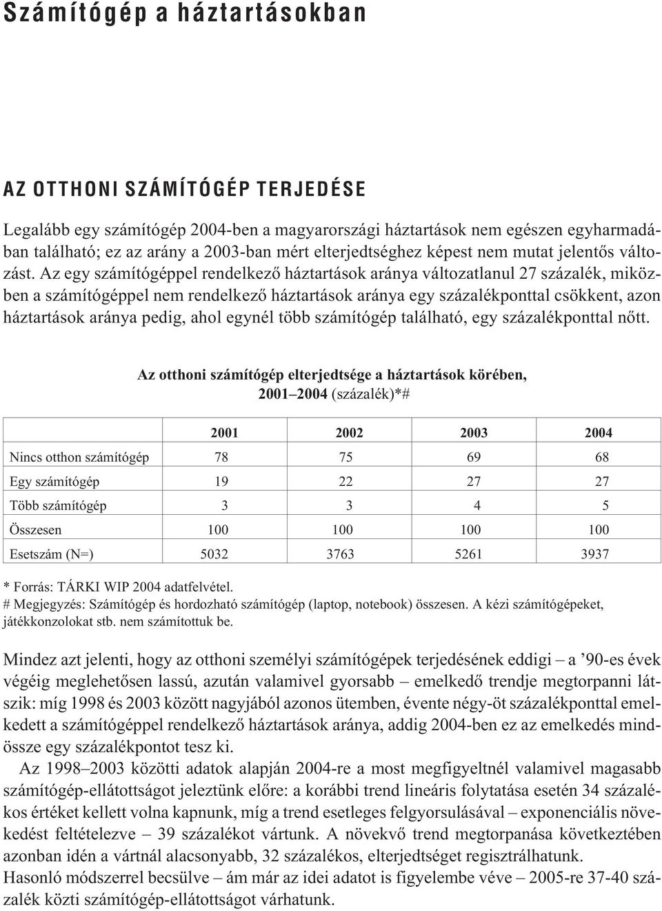 Az egy számítógéppel rendelkezõ háztartások aránya változatlanul 27 százalék, miközben a számítógéppel nem rendelkezõ háztartások aránya egy százalékponttal csökkent, azon háztartások aránya pedig,