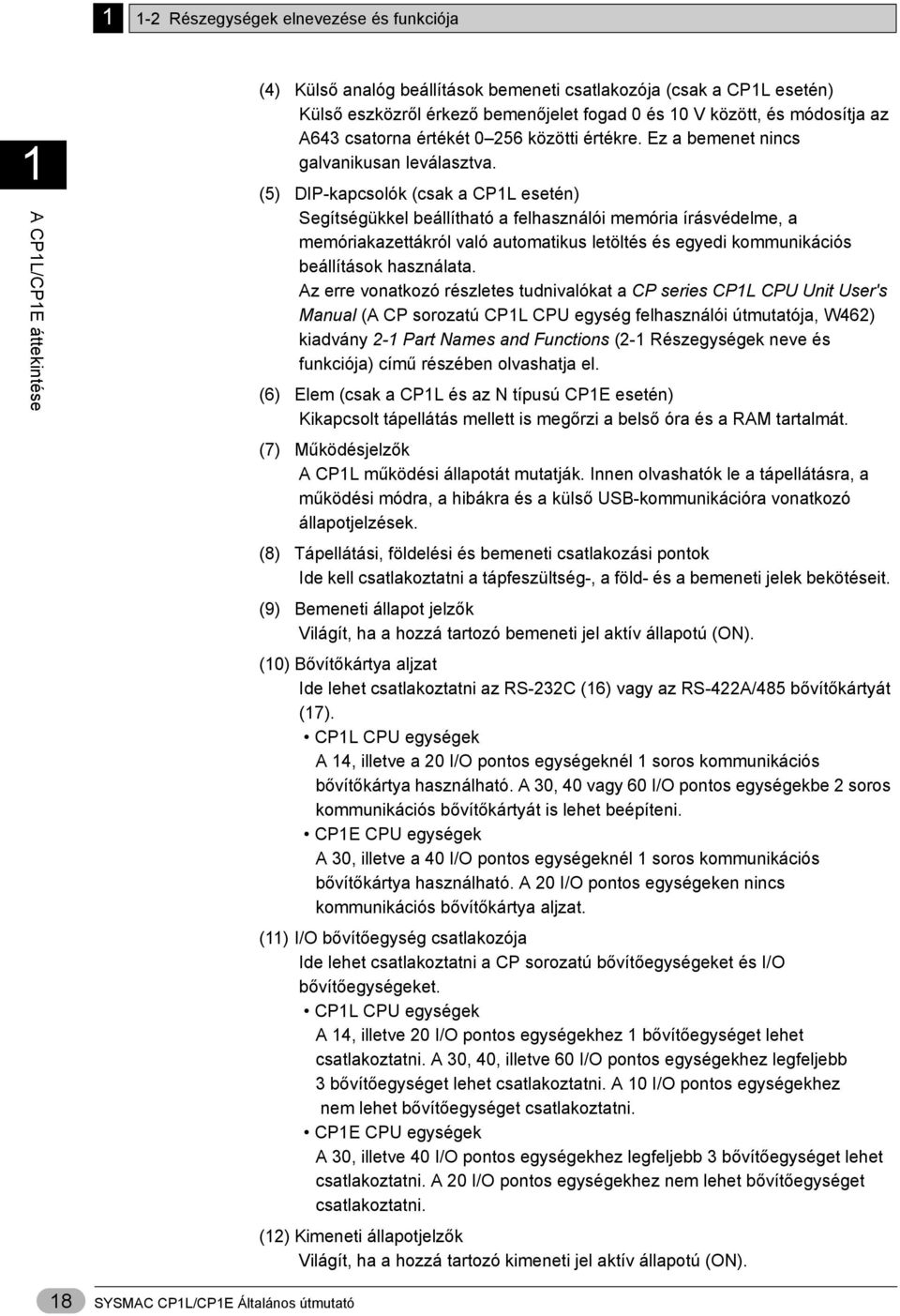 (5) DIP-kapcsolók (csak a CP1L esetén) Segítségükkel beállítható a felhasználói memória írásvédelme, a memóriakazettákról való automatikus letöltés és egyedi kommunikációs beállítások használata.