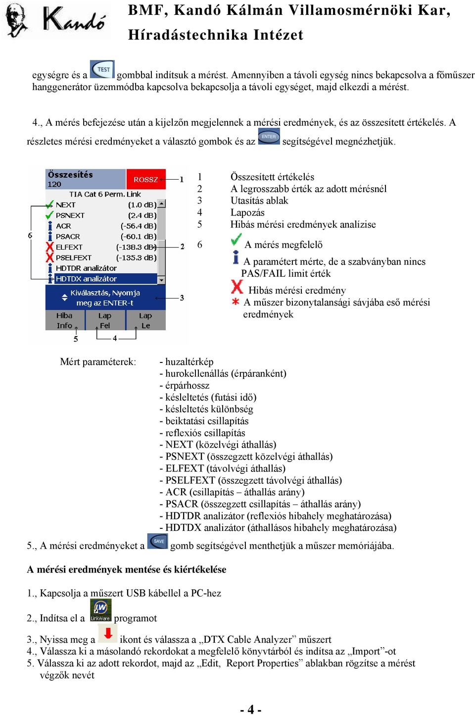 1 Összesített értékelés 2 A legrosszabb érték az adott mérésnél 3 Utasítás ablak 4 Lapozás 5 Hibás mérési eredmények analízise 6 A mérés megfelelő A paramétert mérte, de a szabványban nincs PAS/FAIL