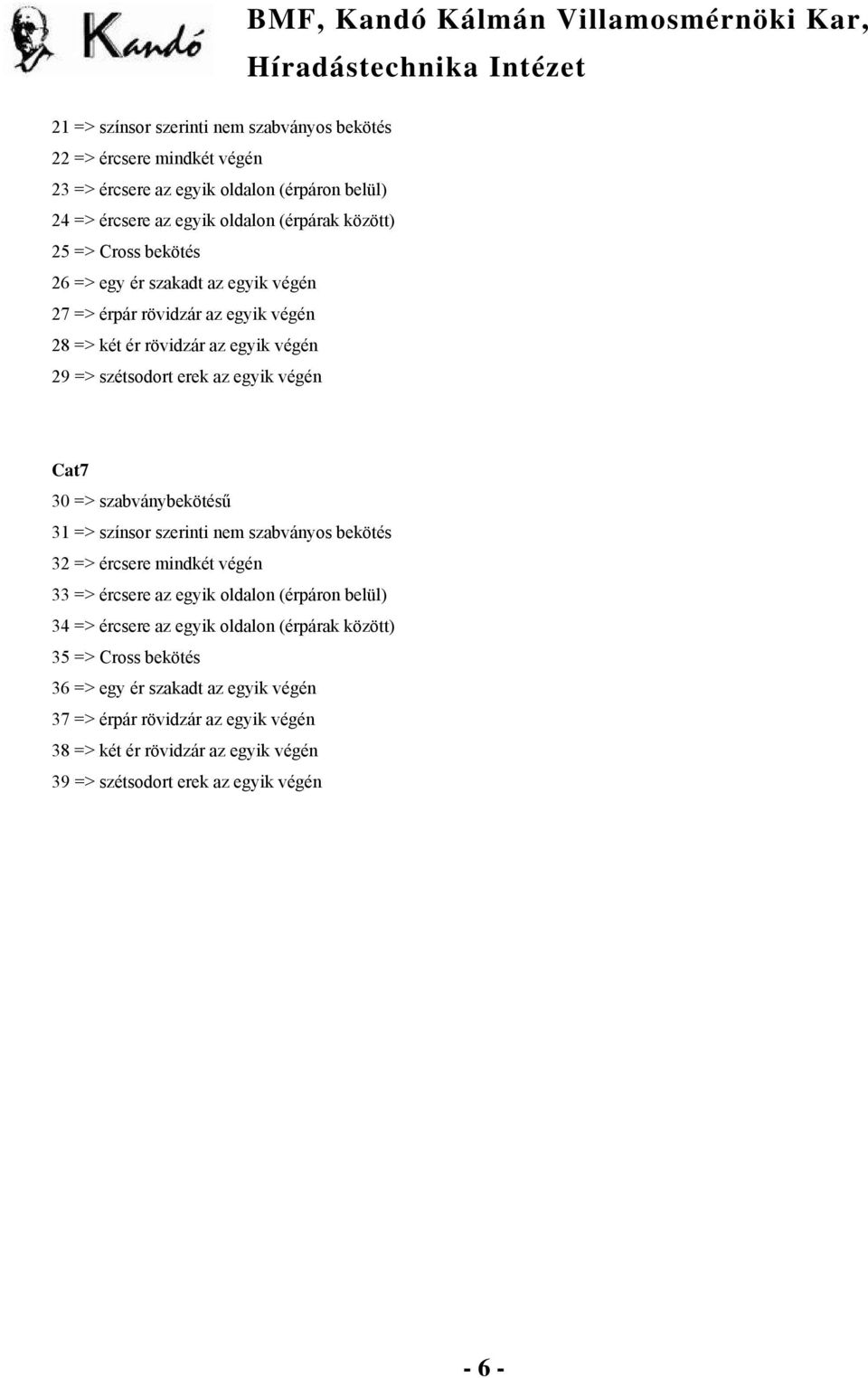 szabványbekötésű 31 => színsor szerinti nem szabványos bekötés 32 => ércsere mindkét végén 33 => ércsere az egyik oldalon (érpáron belül) 34 => ércsere az egyik oldalon