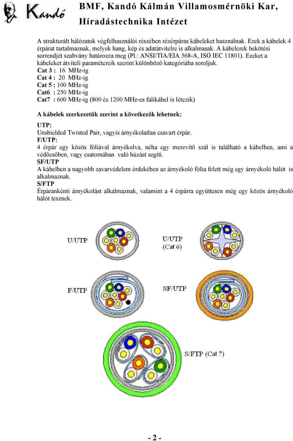 Cat 3 : 16 MHz-ig Cat 4 : 20 MHz-ig Cat 5 : 100 MHz-ig Cat6 : 250 MHz-ig Cat7 : 600 MHz-ig (800 és 1200 MHz-es falikábel is létezik) A kábelek szerkezetük szerint a következők lehetnek: UTP: