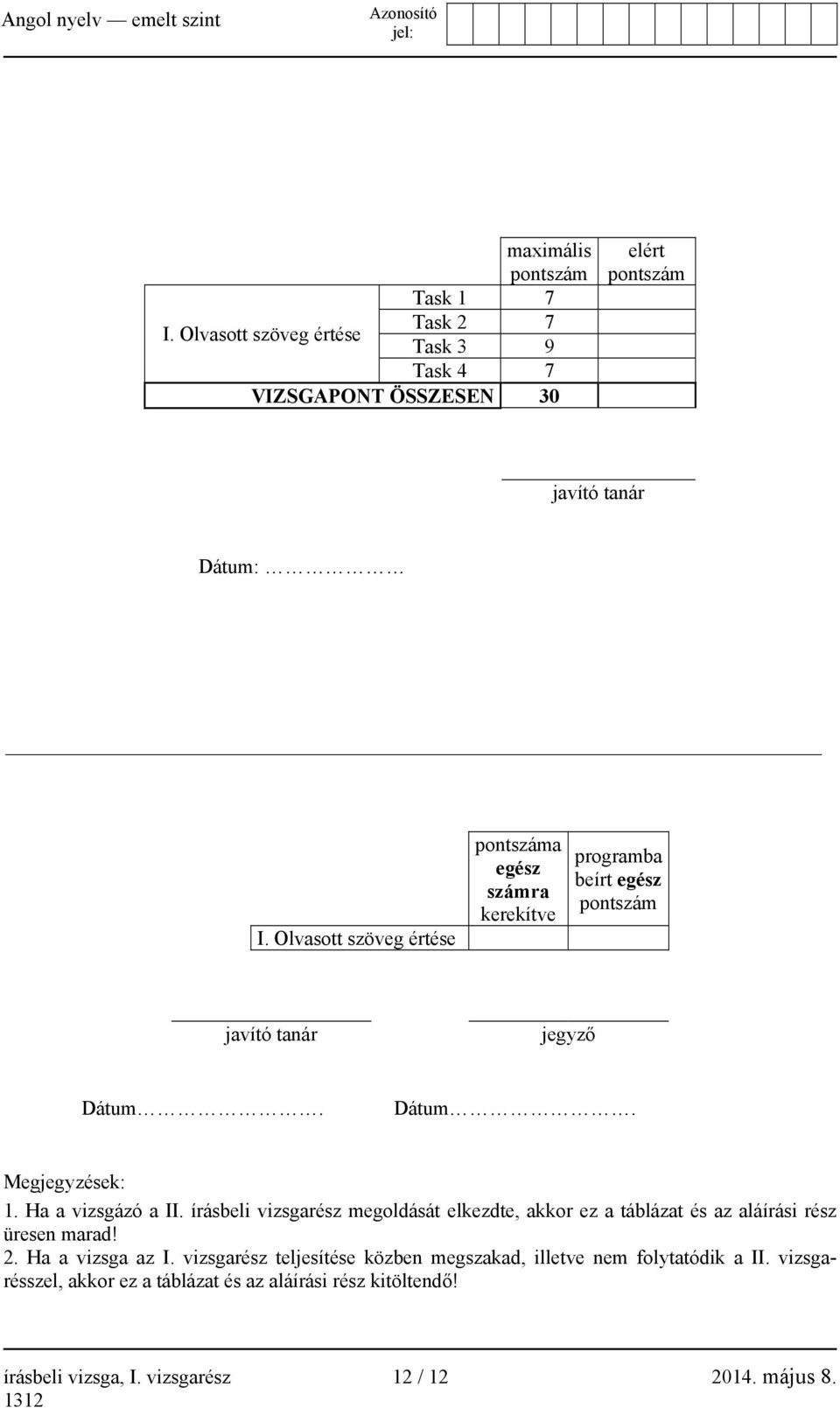 Ha a vizsgázó a II. írásbeli vizsgarész megoldását elkezdte, akkor ez a táblázat és az aláírási rész üresen marad! 2. Ha a vizsga az I.