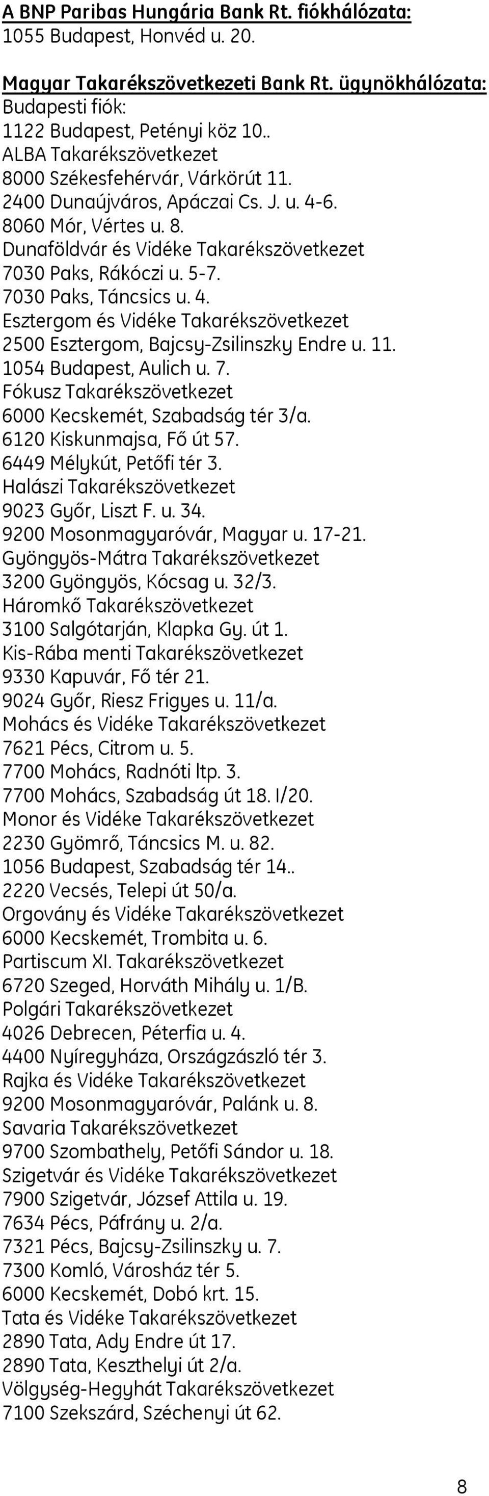 7030 Paks, Táncsics u. 4. Esztergom és Vidéke Takarékszövetkezet 2500 Esztergom, Bajcsy-Zsilinszky Endre u. 11. 1054 Budapest, Aulich u. 7. Fókusz Takarékszövetkezet 6000 Kecskemét, Szabadság tér 3/a.