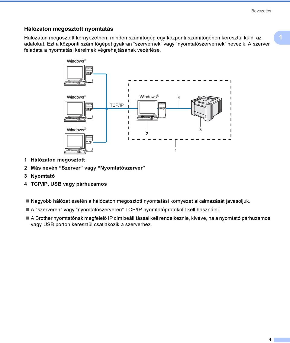 1 Windows R Windows R TCP/IP Windows R 4 Windows R 2 3 1 1 Hálózaton megosztott 2 Más nevén Szerver vagy Nyomtatószerver 3 Nyomtató 4 TCP/IP, USB vagy párhuzamos Nagyobb hálózat esetén a hálózaton