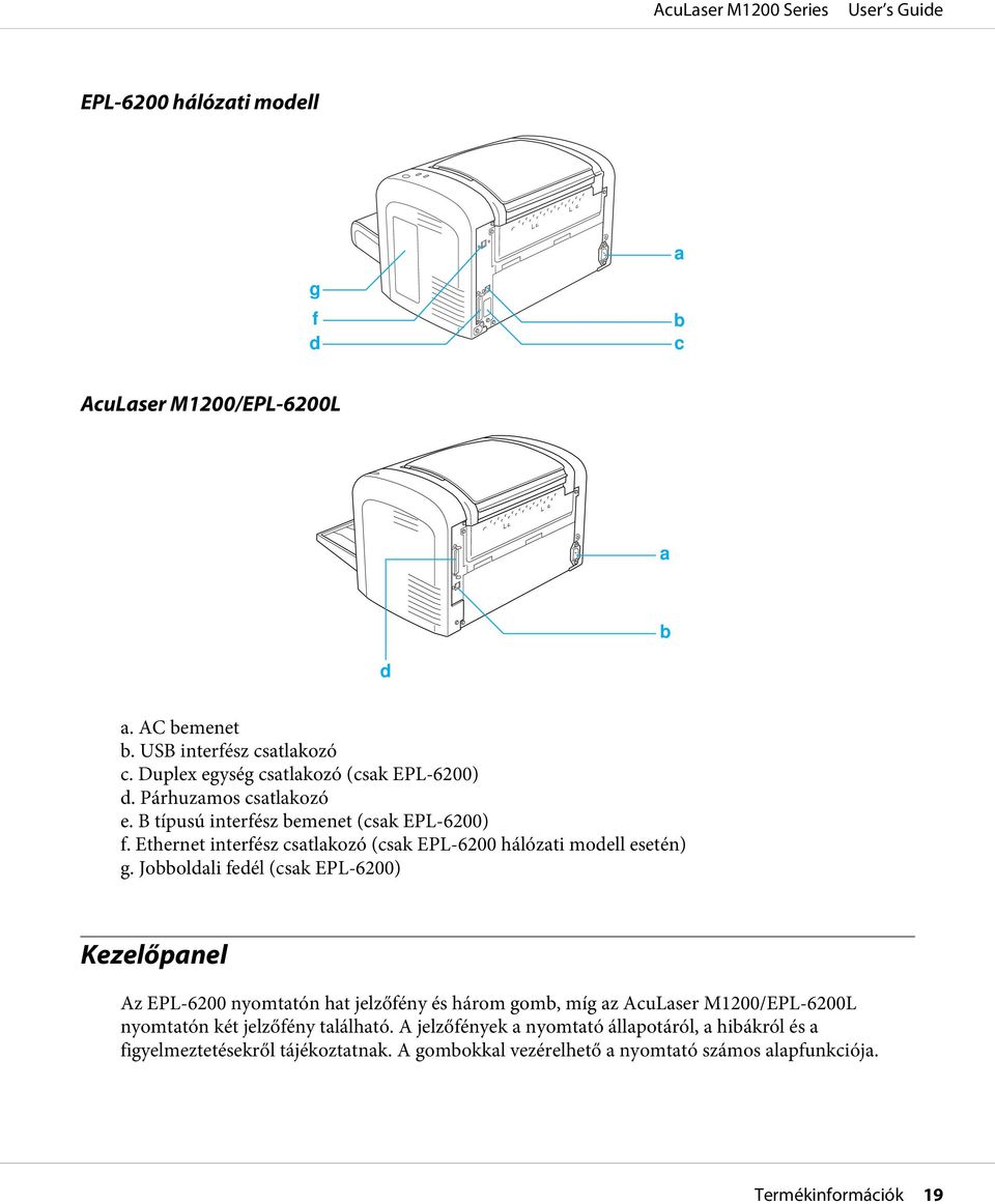 Jobboldali fedél (csak EPL-6200) Kezelőpanel Az EPL-6200 nyomtatón hat jelzőfény és három gomb, míg az AcuLaser M1200/EPL-6200L nyomtatón két jelzőfény