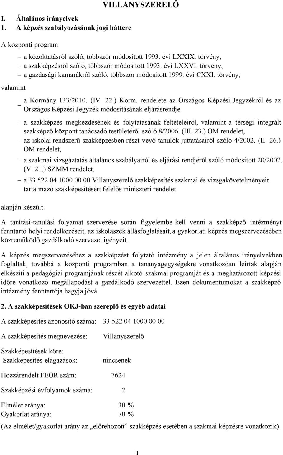 VILLANYSZERELŐ a Kormány 133/2010. (IV. 22.) Korm.