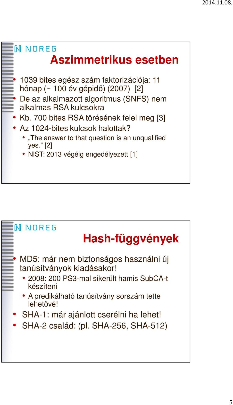 [2] NIST: 2013 végéig engedélyezett [1] Hash-függvények MD5: már nem biztonságos használni új tanúsítványok kiadásakor!