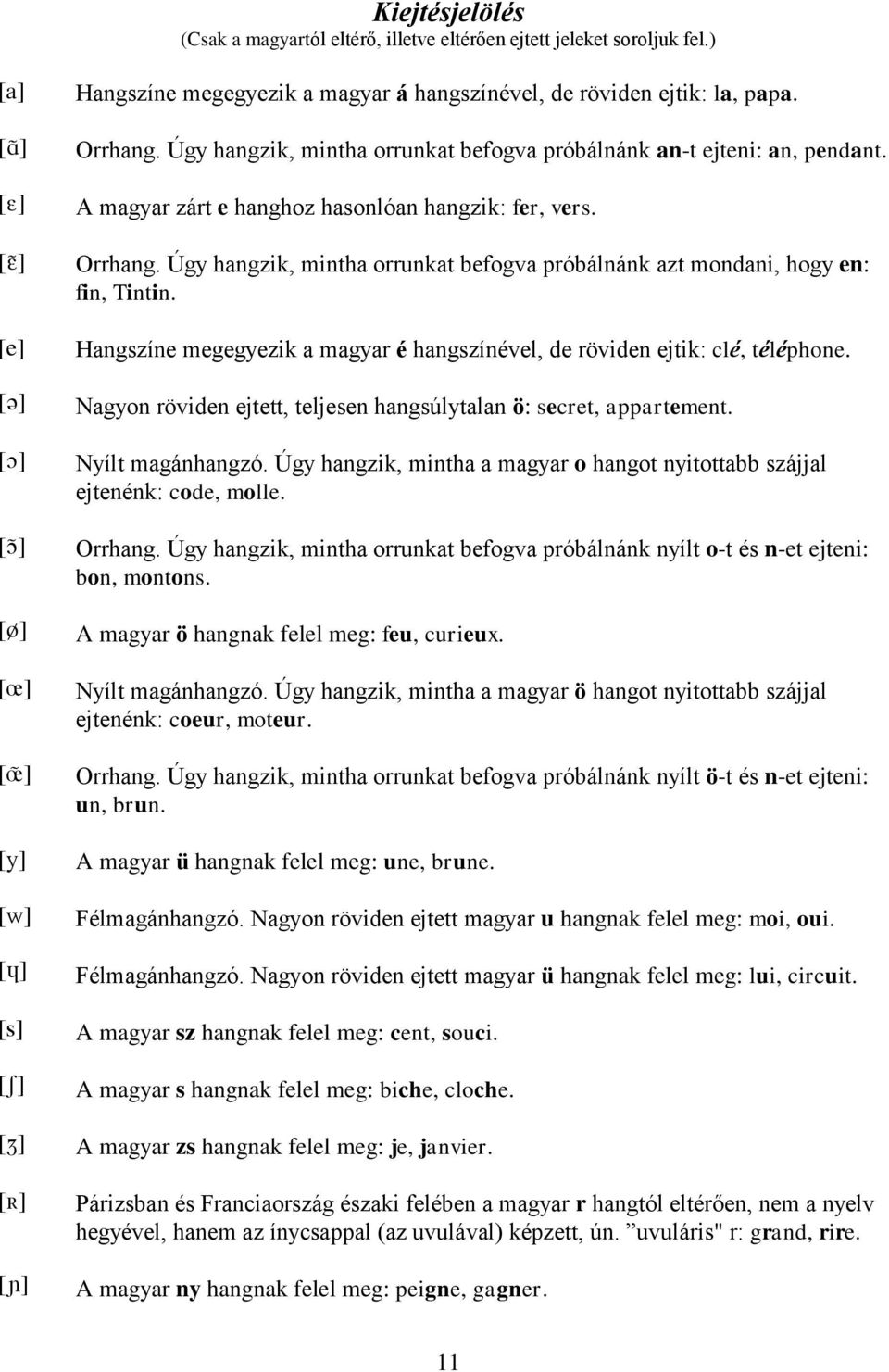 Úgy hangzik, mintha orrunkat befogva próbálnánk an-t ejteni: an, pendant. A magyar zárt e hanghoz hasonlóan hangzik: fer, vers. Orrhang.