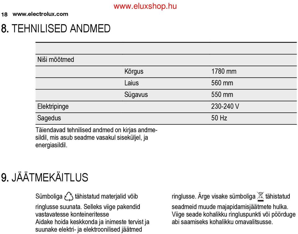 sildil, mis asub seadme vasakul siseküljel, ja energiasildil. 9. JÄÄTMEKÄITLUS Sümboliga tähistatud materjalid võib ringlusse suunata.