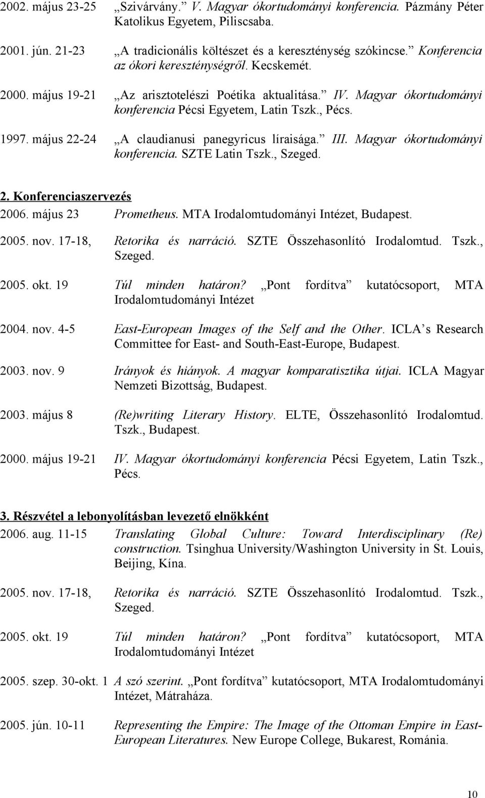 május 22-24 A claudianusi panegyricus líraisága. III. Magyar ókortudományi konferencia. SZTE Latin Tszk., Szeged. 2. Konferenciaszervezés 2006. május 23 Prometheus.