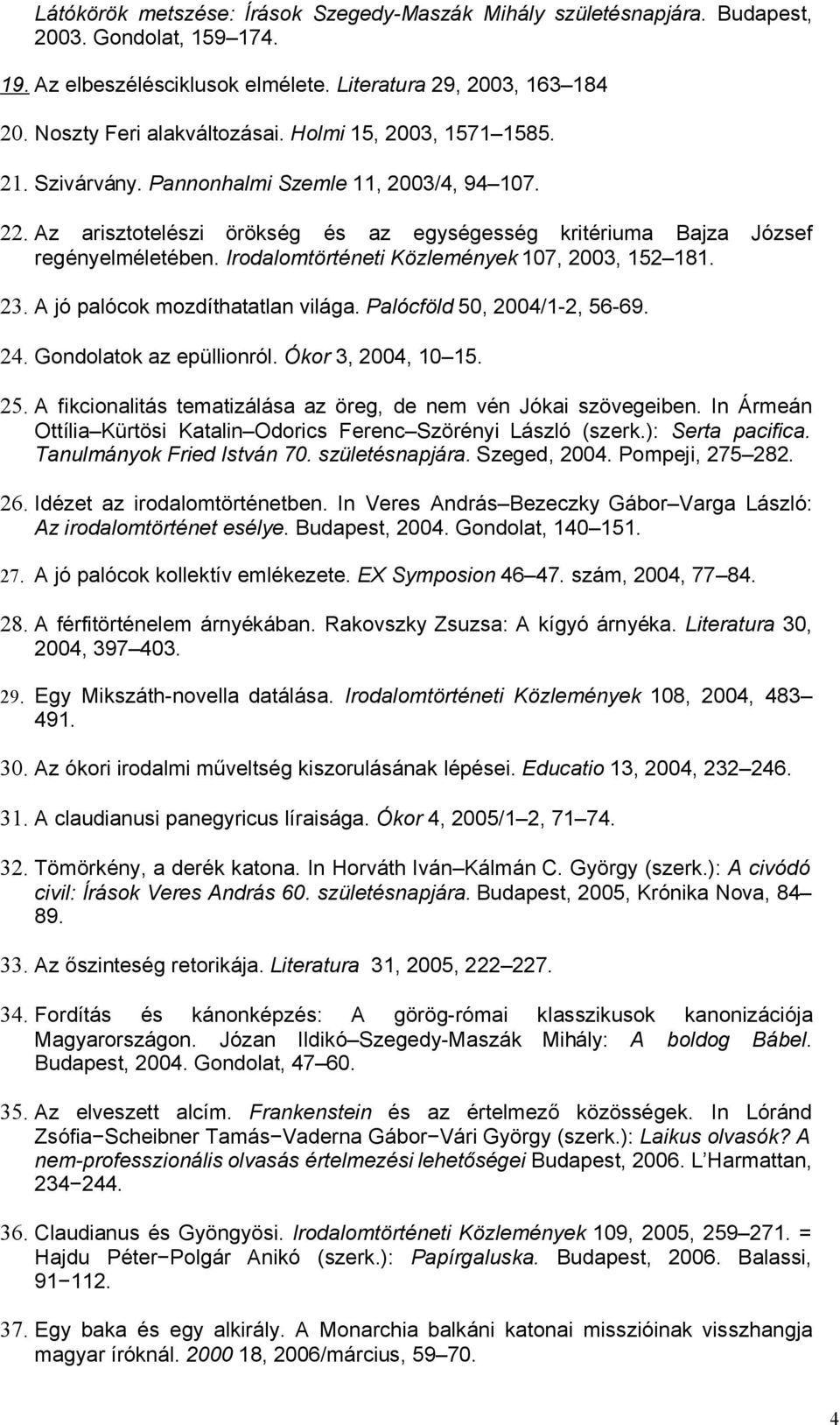 Irodalomtörténeti Közlemények 107, 2003, 152 181. 23. A jó palócok mozdíthatatlan világa. Palócföld 50, 2004/1-2, 56-69. 24. Gondolatok az epüllionról. Ókor 3, 2004, 10 15. 25.