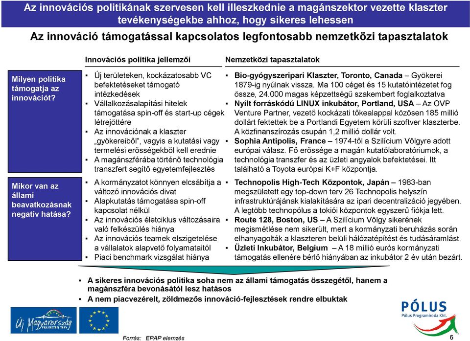 Új területeken, kockázatosabb VC befektetéseket támogató intézkedések Vállalkozásalapítási hitelek támogatása spin-off és start-up cégek létrejöttére Az innovációnak a klaszter gyökereibıl, vagyis a