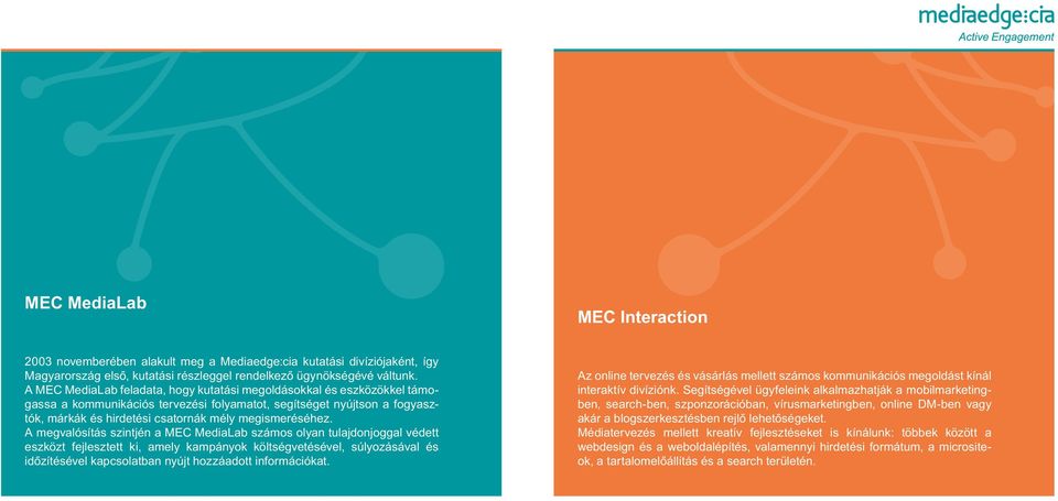 A megvalósítás szintjén a MEC MediaLab számos olyan tulajdonjoggal védett eszközt fejlesztett ki, amely kampányok költségvetésével, súlyozásával és idôzítésével kapcsolatban nyújt hozzáadott