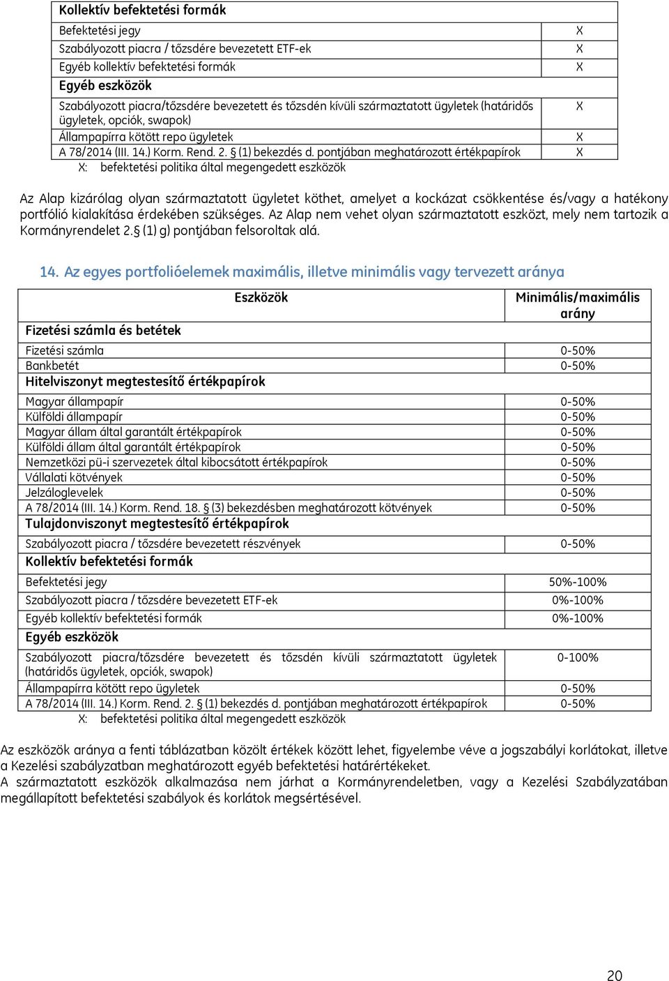 pontjában meghatározott értékpapírok : befektetési politika által megengedett eszközök Az Alap kizárólag olyan származtatott ügyletet köthet, amelyet a kockázat csökkentése és/vagy a hatékony